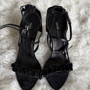 DKNY Black Suede Braided Strap Ankle-Heel Sandals